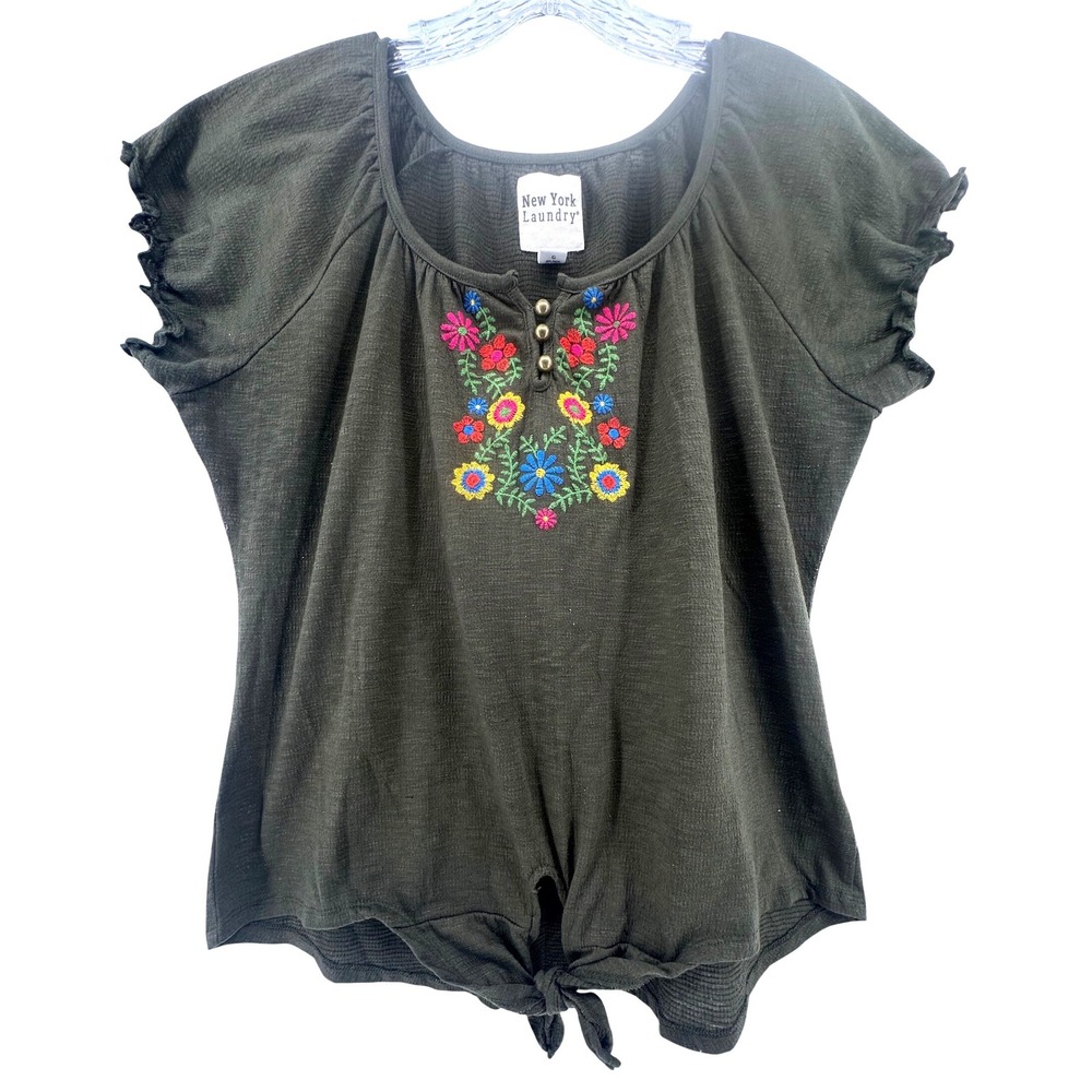 Womens Embroidered Floral Tie Front Top Green Boho Size L Festival Henley Style